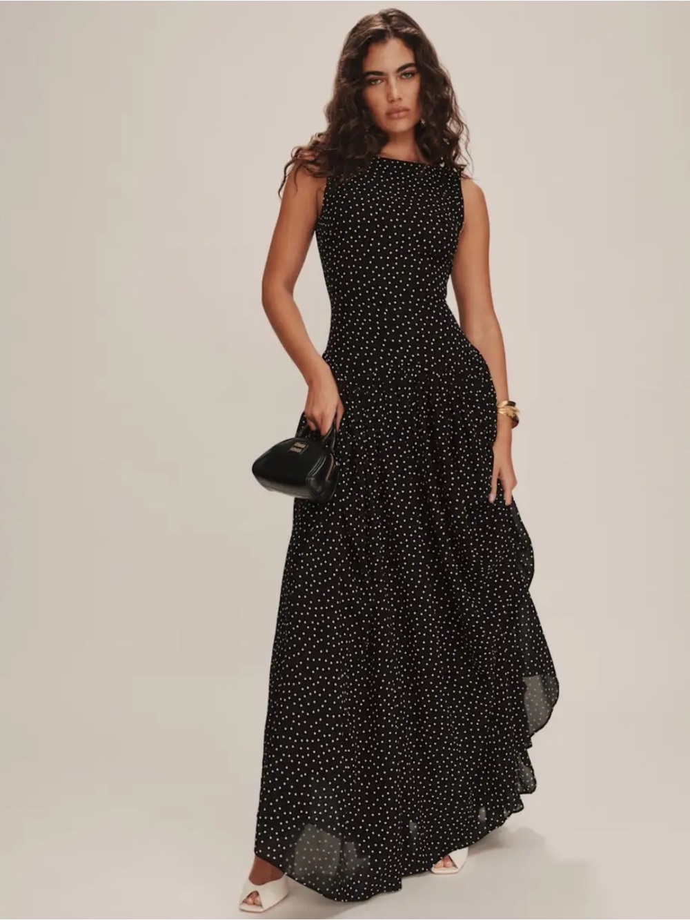 Reformation Camella Sleeveless Black Polka Dot Maxi Dress Size 4 NWT